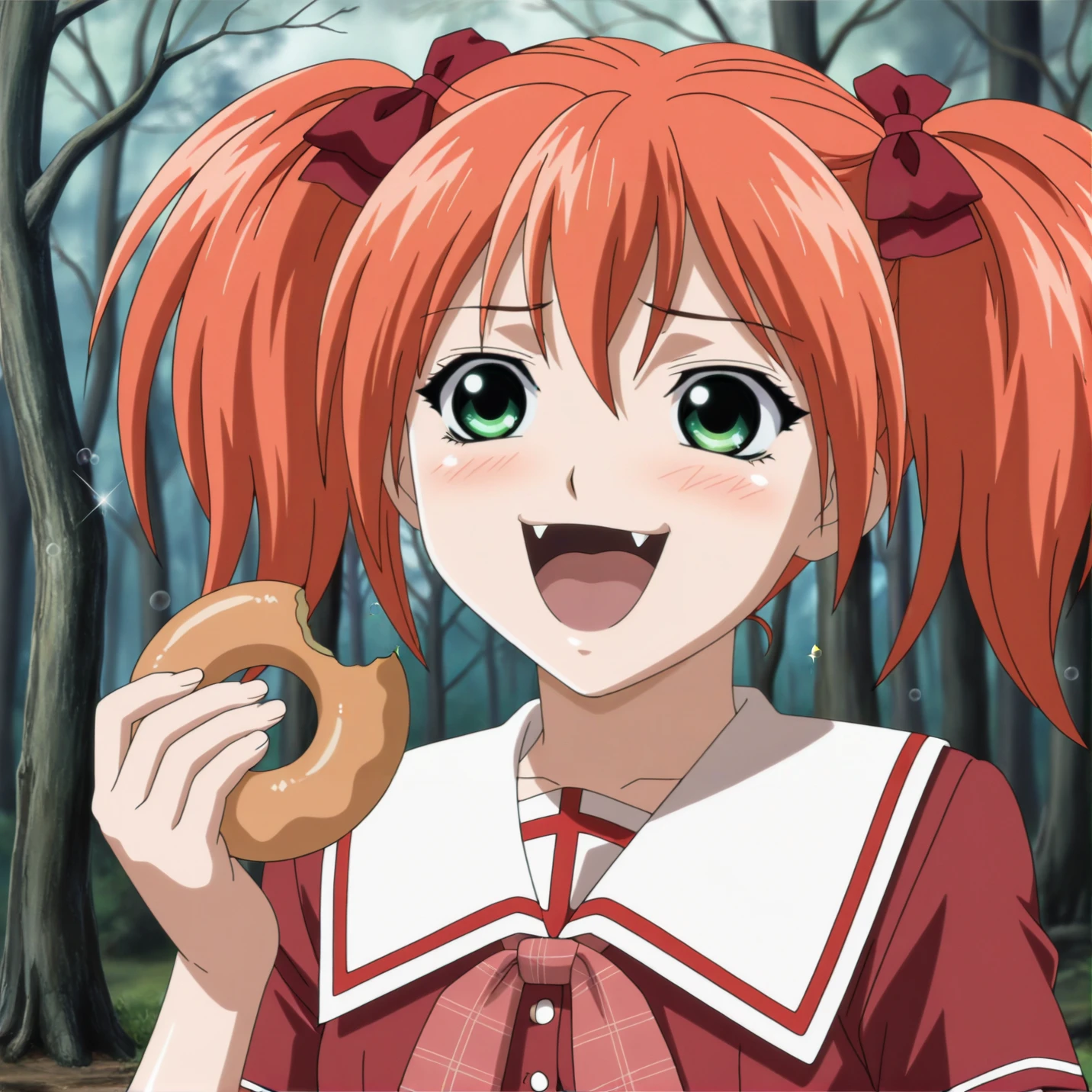 masterpiece, best quality, amazing quality, very aesthetic, absurdres, shuzen_kokoa, 1girl, solo, serafuku, hair bow, green eyes, smug, [fangs],forest, bare tree, holding doughnut, happy, surprised, love, bliss, evil, sparkles, bubbles <lora:kokoa_v1:0.95>