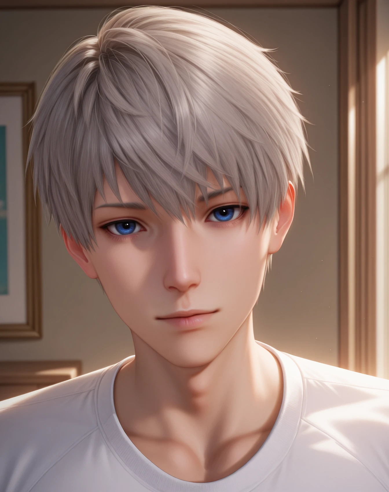 masterpiece, best quality, absurdres, very aesthetic,
1boy, solo, yaoi, male focus, realistic,
looking at viewer, portrait, facing viewer, standing, straight-on, arms at sides, 
<lora:Xavier_LnDS:1> xavierlnds, grey hair, blue eyes, short hair,
indoors,