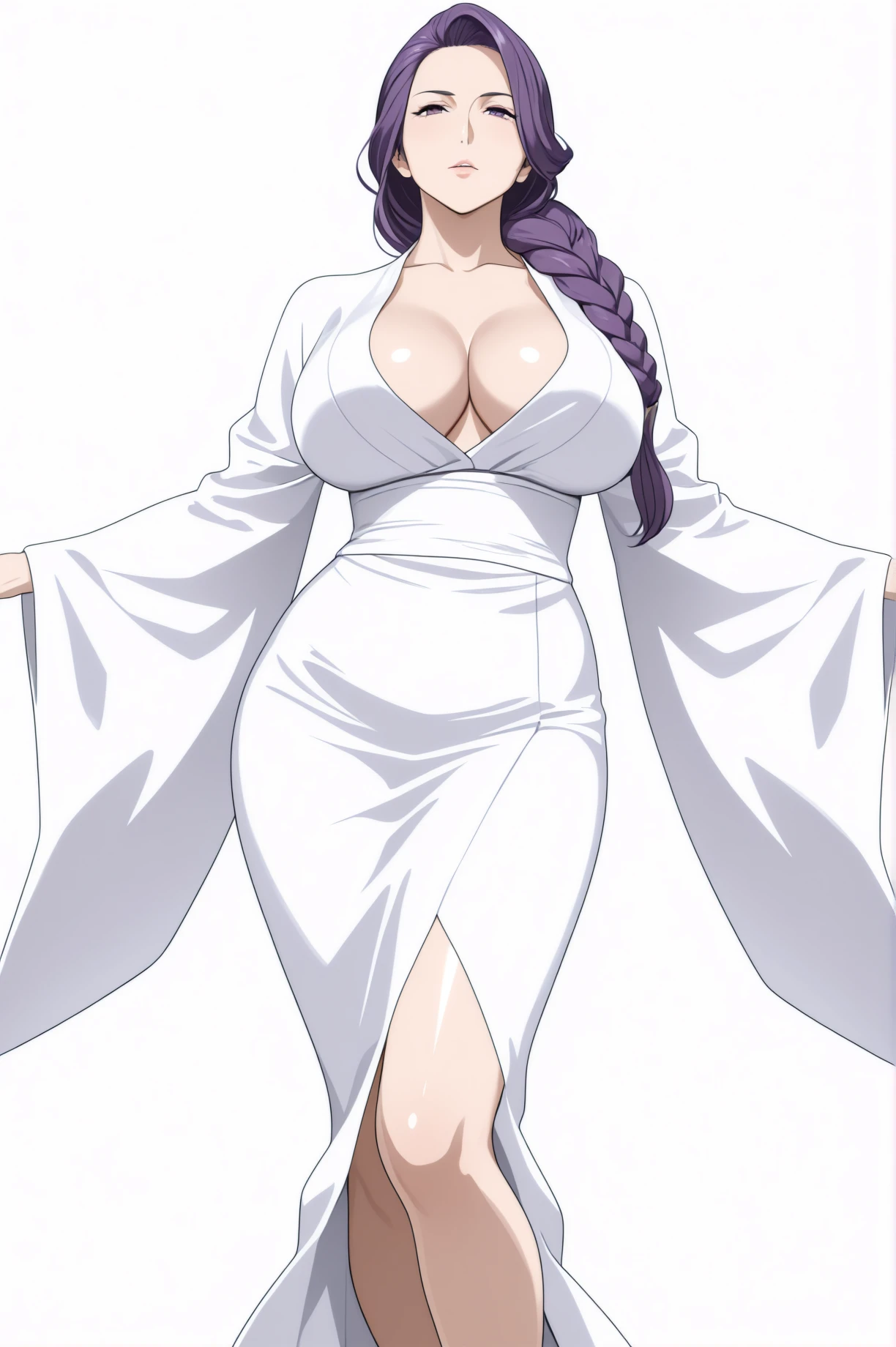 Simple Background,(White_Background:1.1),From Front,
dynamic pose,standing at attention,
White kimono, long sleeves, wide sleeves, japanese clothes,
<lora:NovelAI_Collection_Illustrious_KK77:0.7>,
purple_hair, long_hair, hair_pulled_back,parted_lips,purple_eyes, Single_braid,
<lora:illustrious_best_quality_v1:0.1>,
1 girl, mature female,Beautiful long legs,Beautiful body,
Beautiful Nose,Beautiful character design, perfect eyes, perfect face,expressive eyes,perfect balance,
looking at viewer,(Focus on her face),closed mouth, (innocent_big_eyes:1.0),
masterpiece, best quality, amazing quality, very aesthetic, absurdres, newest
(Beautiful,large_Breasts:1.4), (beautiful_face:1.5),(narrow_waist),