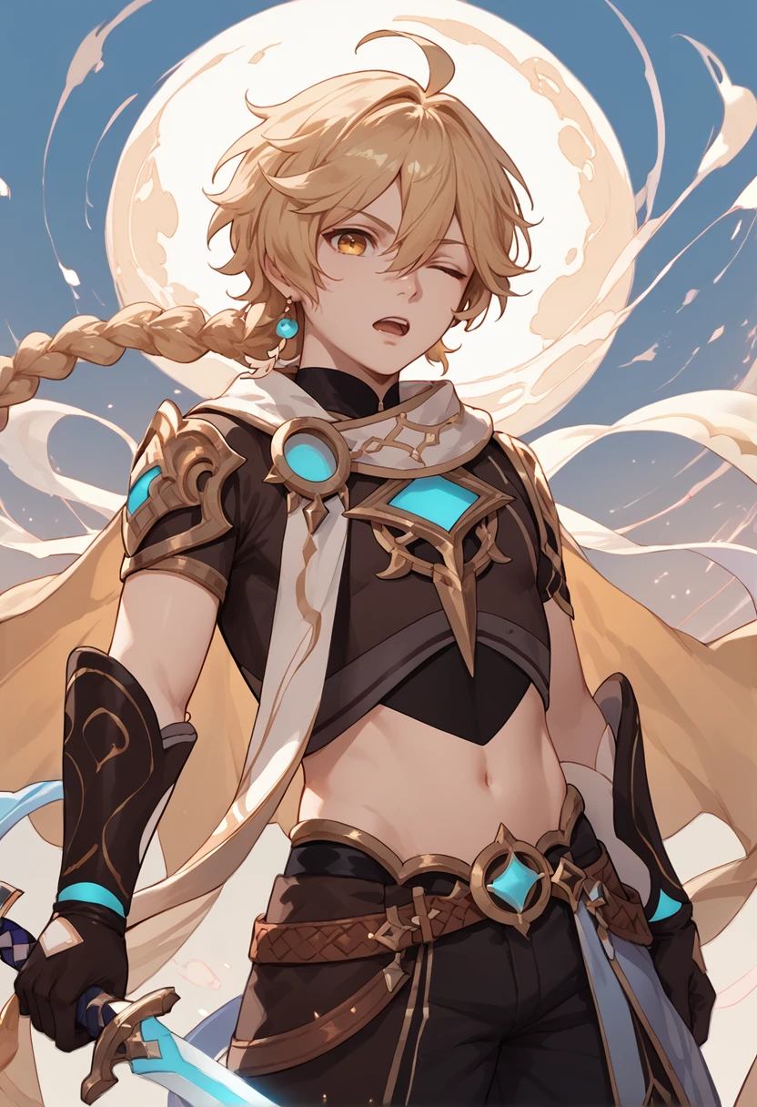 score_9, score_8_up, score_7_up, score_6_up, score_5_up, score_4_up, masterpiece, ultra-detailed, high resolution,

aether, 1boy, male focus, gloves, braid, one eye closed, navel, solo, earrings, jewelry, weapon, midriff, holding, open mouth, holding weapon, hair between eyes, sword, holding sword, single braid, pants, single earring