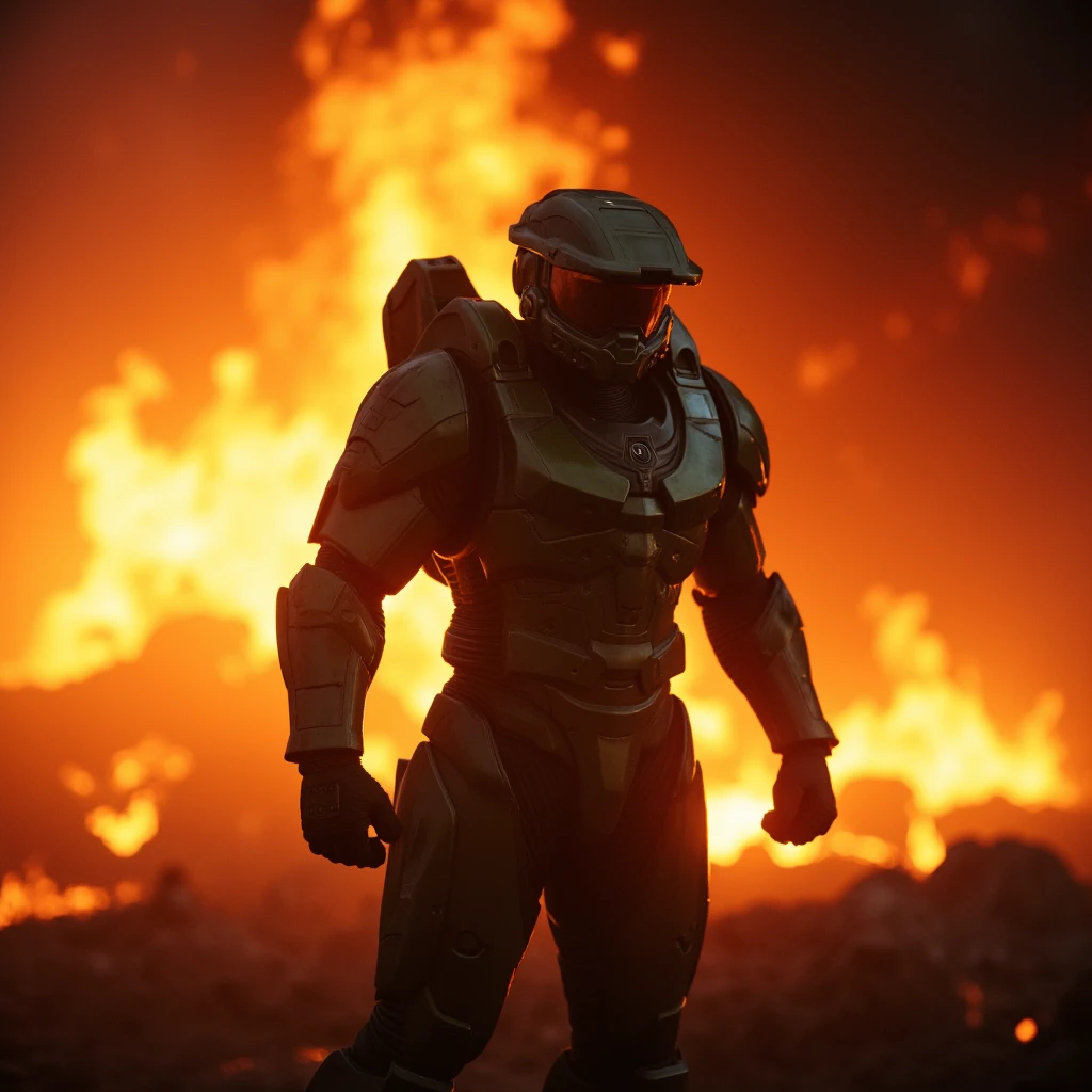 cinematic film still of  <lora:2600 - Halo style v1:0.8>
In Futuristic 26th century 2600 BCE Spartan Warrior a man in a armor suit standing in front of a fire, solo, 1boy, weapon, male focus, armor, military, helmet, fire, smoke, science fiction, explosion, power armor, burning, cinematic, filmic, dramatic light, sci fi, action themed, futuristic, halo style, assault visor, jetpack, shallow depth of field, vignette, highly detailed, high budget, bokeh, cinemascope, moody, epic, gorgeous, film grain, grainy