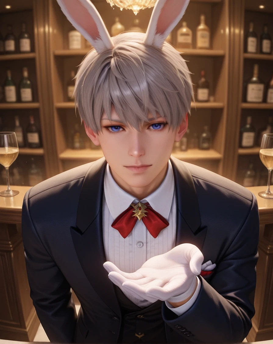 masterpiece, best quality, absurdres, very aesthetic,
1boy, solo, yaoi, male focus, straight-on, realistic, 
looking at viewer, cowboy shot, standing, offering hand,
<lora:Xavier_LnDS:1> xavierlnds, grey hair, blue eyes, short hair,
rabbit ears, black coat, tuxedo, white shirt, collared shirt, white gloves, neck ribbon, red neckwear, 
indoors, bar,