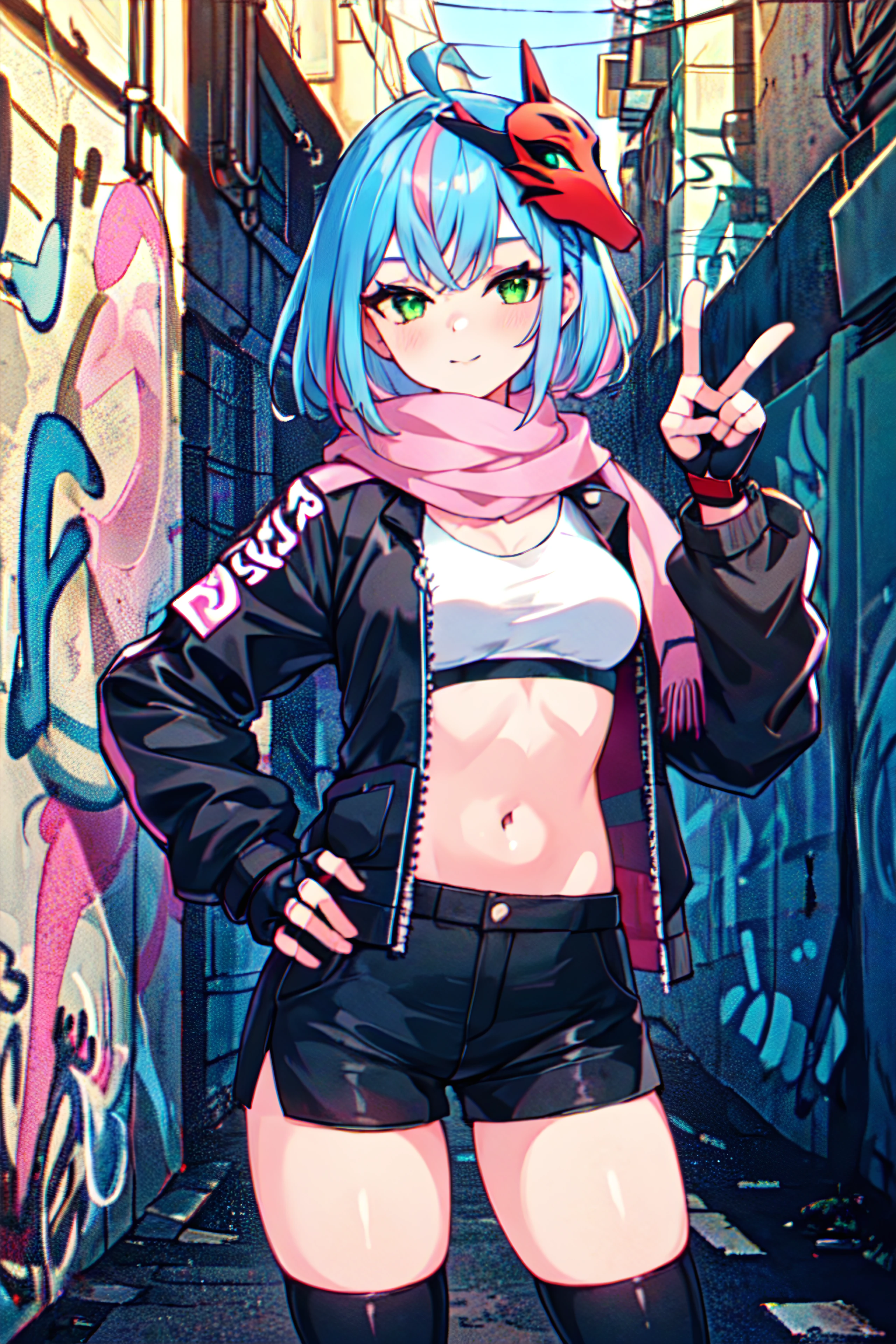 1girl, mask on head, white crop top, fingerless gloves, black jacket, open jacket, green eyes, black shorts, pink scarf, navel, black thighhighs, light smile, (v sign:1.1), blue hair, (pink streaked hair:0.95), (hand on own hip:0.9), cowboy shot,
best quality, masterpiece, alley, graffiti,