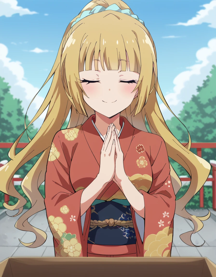 score_9, score_8_up, score_7_up, source_anime, <lora:kei-karuizawa-anime-s2-ponyxl-lora-nochekaiser:1>, kei karuizawa, long hair, bangs, blunt bangs, blonde hair, hair ornament, ponytail, scrunchie, blue scrunchie, medium breasts,, <lora:shrine-praying-ponyxl-lora-nochekaiser:1>, praying, japanese clothes, kimono, new year, obi, obiage, obijime, own hands clasped, own hands together, sash, shrine, wide sleeves, closed eyes, floral print,, blue sky, box, donation box, rope, shimenawa, shrine, tress ribbon, wind chime, smile, blush,, cowboy shot, solo