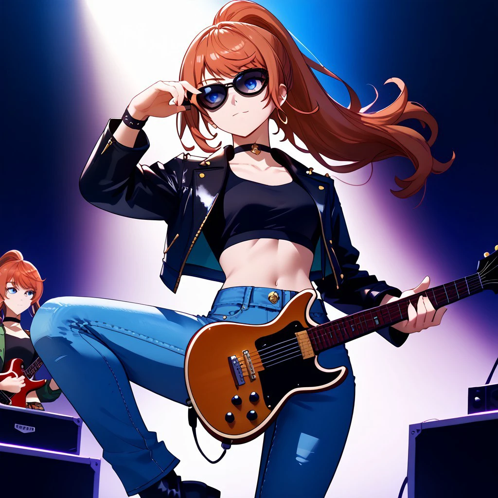 1girl, anna_taktop, red hair, ponytail, blue eyes, absurdres, 4kres, score_7_and_higher, masterpiece, high quality, good eyes, good hands, black leather jacket, studs crop top, jeans,  black boots, playing guitar, shades, freebos_smoothiestyle, concert