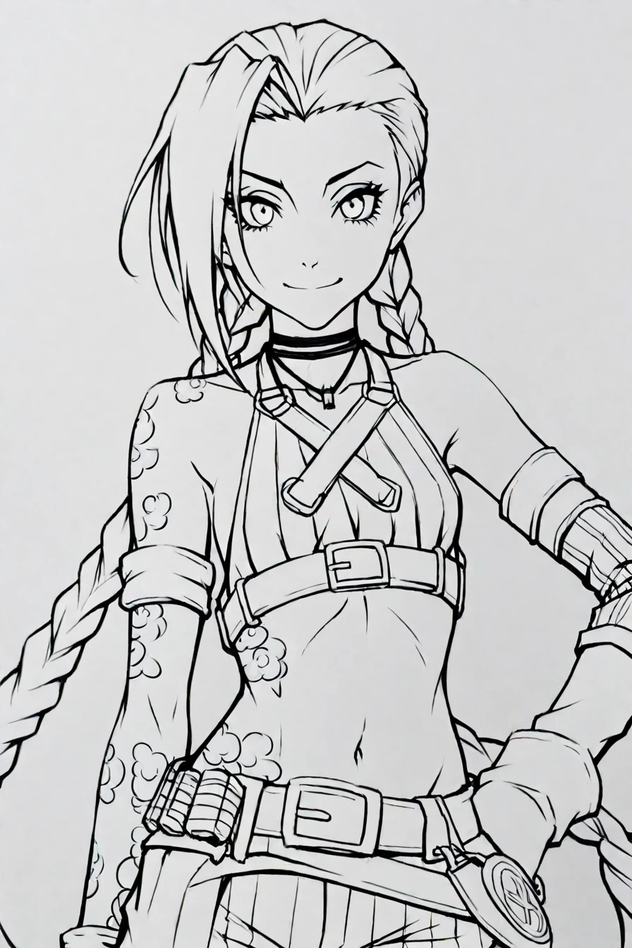 <lora:JinxPDXL:0.6>, jinx, pale skin, choker, smile,  long twin pigtails, tattoo,crop top, sleeve, armbands, purple striped pants, gloves, belt, 1girl, solo, alone,  <lora:lineart_style_illustriousXL:0.8>, lineart, monochrome, greyscale,masterpiece, highres,