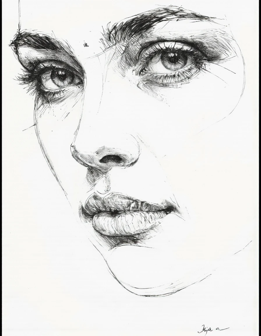 This is a black and white drawing of a woman's face, rendered in a stylized, expressive manner using ink. The artwork is done in a contemporary, illustrative style with a focus on line work. The face is shown in close-up, with the eyes and nose being the most detailed features. <lora:Sketch:0.75> <lora:Sketching:0.8> <lora:Charcoal:1>