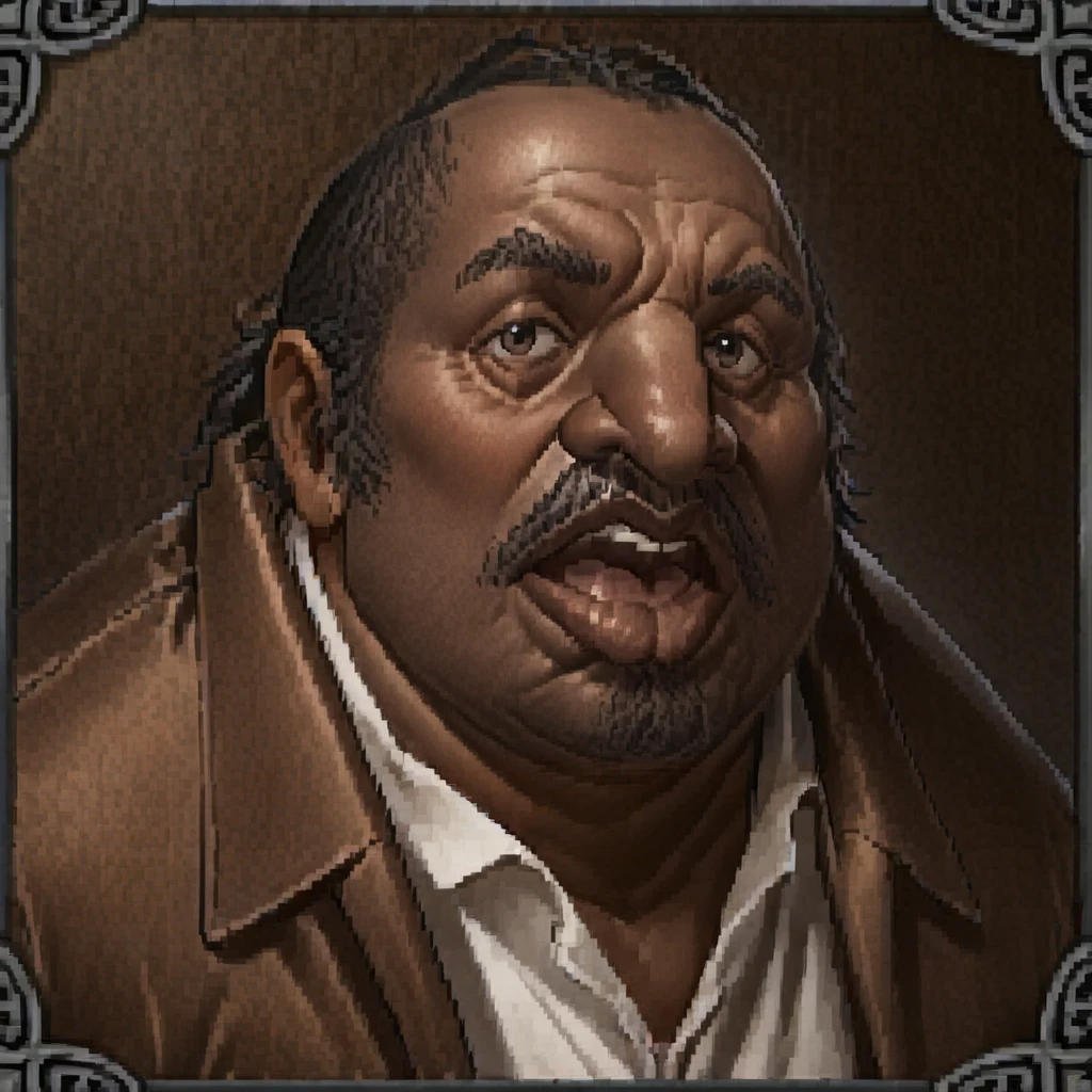 <lora:Illustrious - Dark and Darker Portraits - 2023 - Epoch 8:0.9> dark_and_darker_game_portrait_style, vendor, fantasy portrait, small_border, frame, low_resolution,  <lora:Uncle_Ruckus_Boondocks_PonyXL:1> 1boy, uncle_ruckus, fat, white shirt, open mouth, jacket, standing, dark skin, black features, wide nose, big lips,