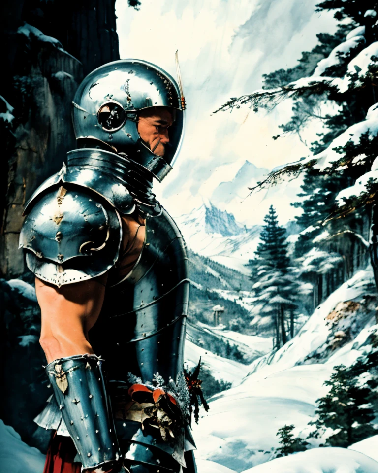 <lora:Retrocom1-SD1:0.95> A man wearing armor, side view, snowy mountains, evergreen trees, helmet, machinery