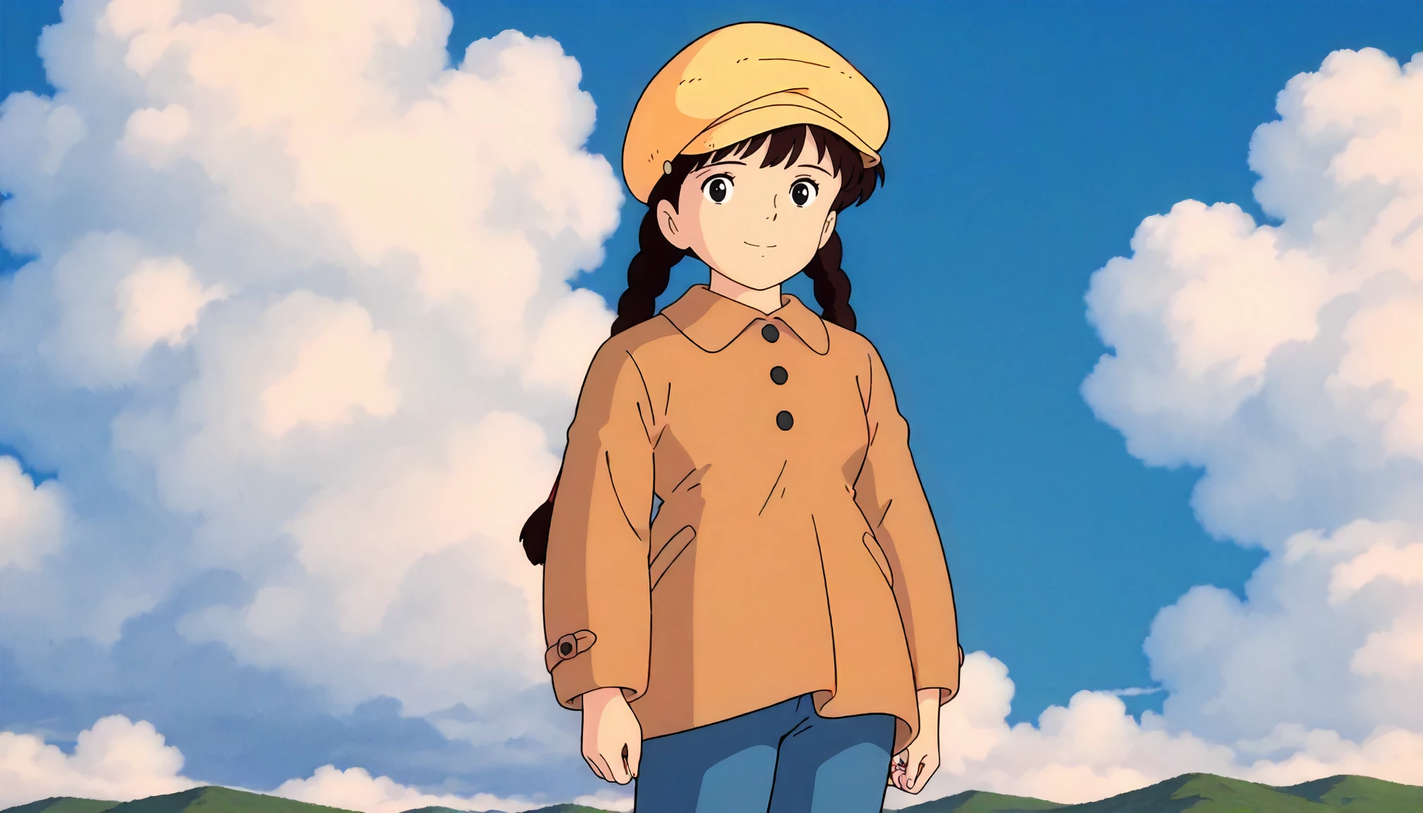<lora:LCitS_sheetaXLIllustrious005>,
masterpiece,best quality,good quality,newest,
detailed background,blue sky,white cloud,glitter,
smile,
looking at viewer,
solo,
ghibli,anime coloring,retro artstyle,1990s \(style\),
1girl,black brown hair,twin braids,black eyes,
cabbie hat,yellow headwear,brown coat,buttons,blue pants,
standing,