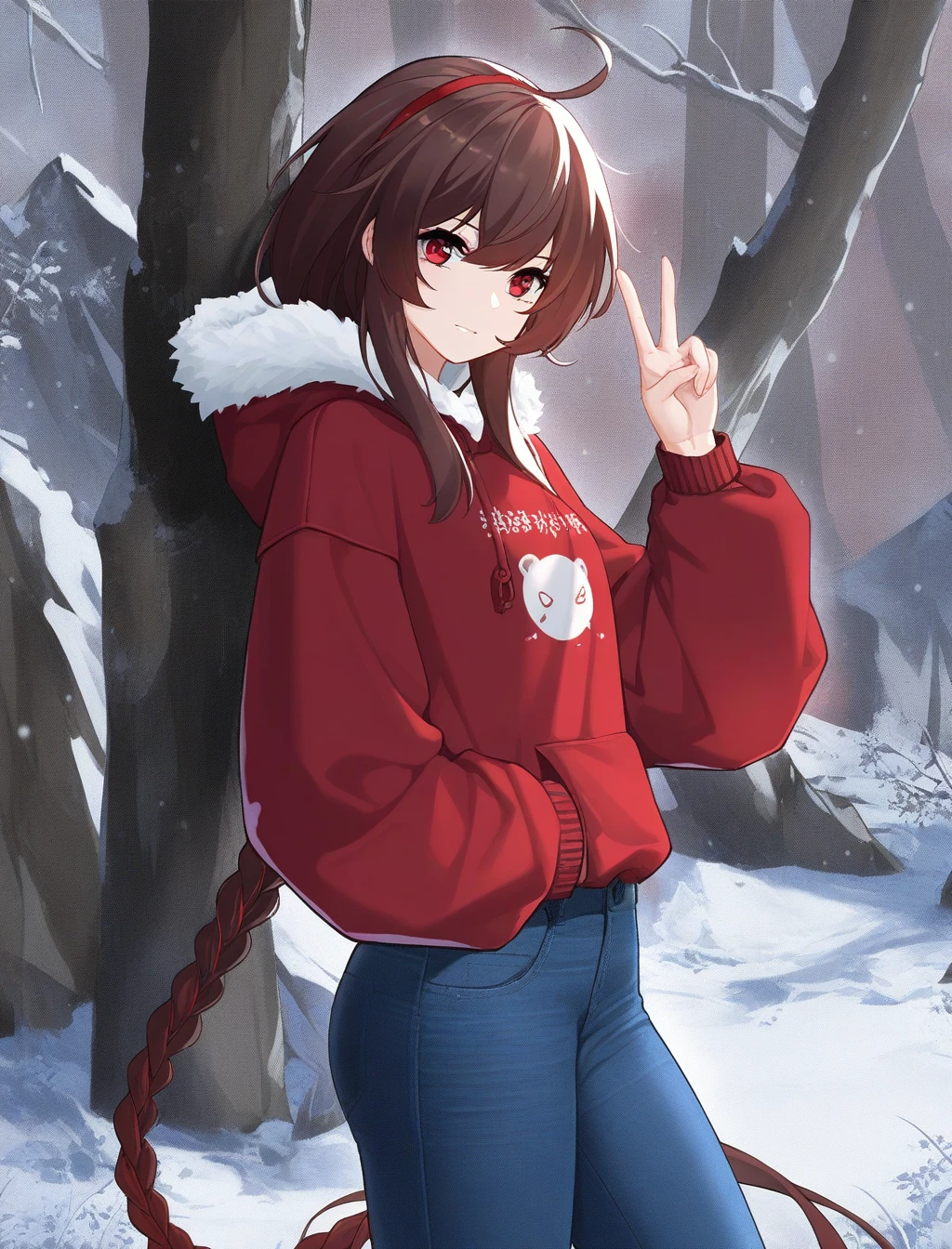 yuezheng ling,1girl,masterpiece,high quality,best quality,beautiful,v,snowy moutain,standing,hoodie,jeans,