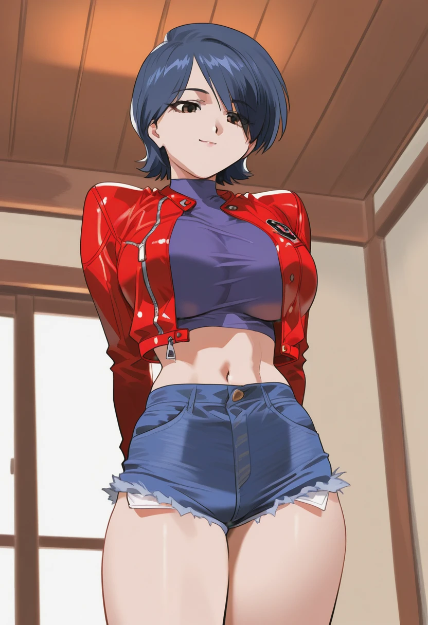 stud earrings, red jacket, cropped jacket, crop top, belt, shorts
kneehighs, red socks, sneakers
lipstick, 1990s (style), retro artstyle,nsfw, best quality, 8k,uncensored,open mouth, big breasts、well-shaped chest、cleavage、face focus、beautiful eyes、beautiful lips、glossy lipstick、sexy look、