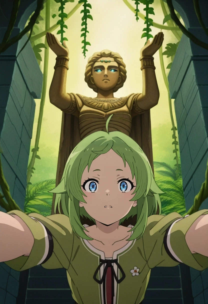 masterpiece, best quality, anime screencap, anime coloring, official style, intricate details, looking at viewer, 1girl, grey-blue eyes, green hair, medium hair, ,, solo, deep jungle, hanging vines, glowing flora, ancient statues, exploring pose, cautious expression, green mist, <lora:mushoku_tensei_style_ilxl:1>, mushoku_tensei_style,