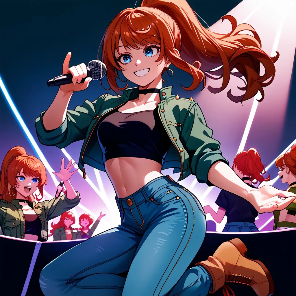1girl, anna_taktop, red hair, ponytail, blue eyes, absurdres, 4kres, score_7_and_higher, masterpiece, high quality, good eyes, good hands, green denim jacket, crop top, jeans, boots, smiling, confident, singing, microphone, shades, freebos_smoothiestyle, concert