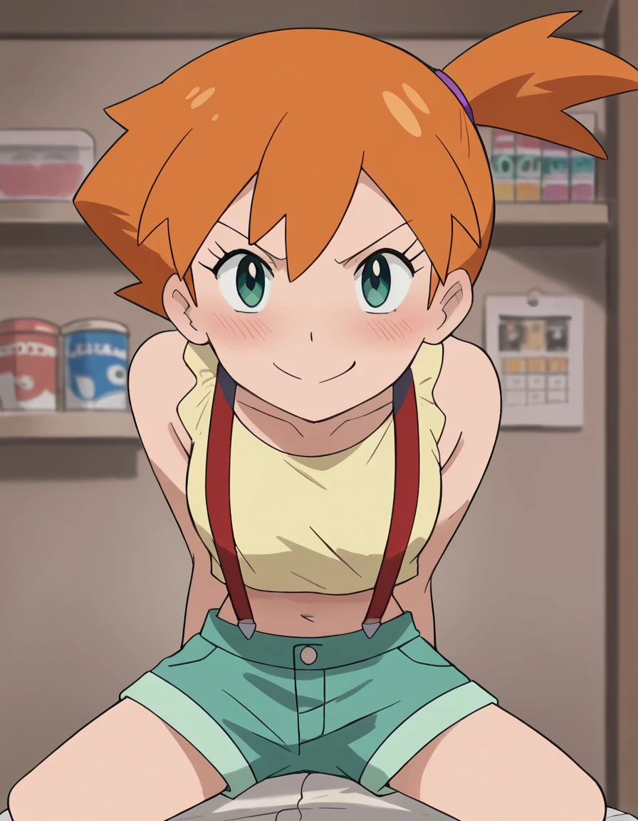 score_9, score_8_up, score_7_up, source_anime, <lora:misty-s25-ponyxl-lora-nochekaiser:1>, misty, misty (pokemon), short hair, green eyes, orange hair, side ponytail, anime screencap, shirt, navel, shorts, midriff, crop top, suspenders, green shorts, suspender shorts,, shop, items, counter, customer, shelves, , <lora:good-morning-my-brother-ponyxl-lora-nochekaiser:1> good morning my brother, good morning my brother! (meme), good morning, pajamas, hands on another's stomach, meme, straddling, leaning forward, pov, girl on top, blush, smile, smug, cowboy shot,, looking at viewer, solo,, dutch angle, cowboy shot