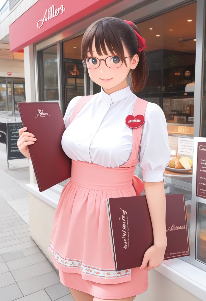 1girl, glasses, solo, Anna Miller, AMSC, waitress, skirt, shirt, ponytail, white shirt, apron, looking at viewer, smile, apron, pink skirt, pink apron, name tag, holding, menu,
AMTS, scenery, restaurant, exterior, outdoors, 
masterpiece, best quality, amazing quality, very aesthetic, absurdres, newest,
<lora:AMSC_Illustrious_V1L:0.6>