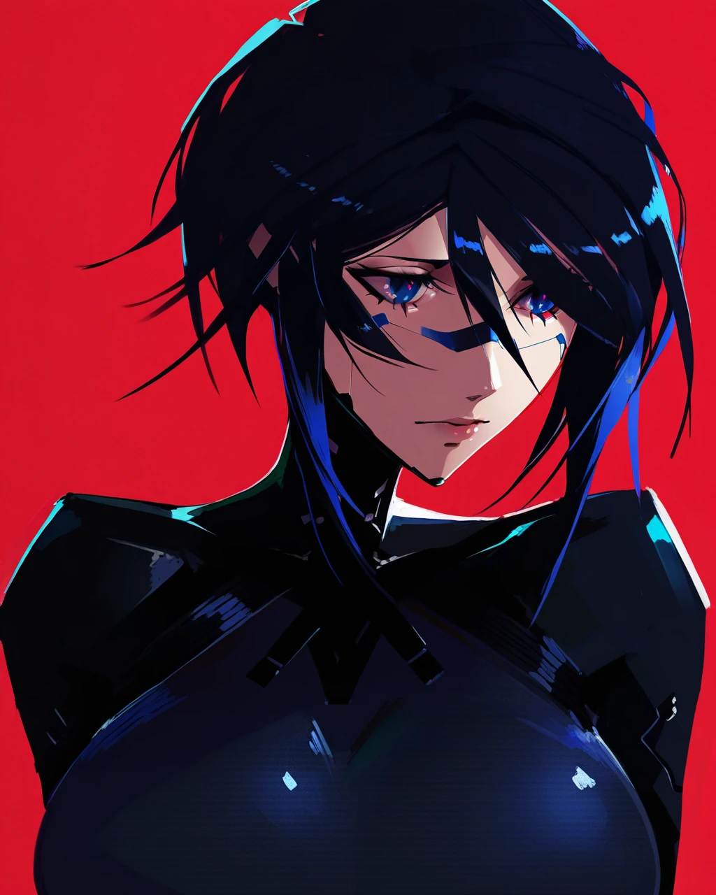 absurdres, high quality, masterpiece, Nemstyle, 1girl, solo, breasts, short hair, bangs, blue eyes, large breasts, simple background, black hair, blue hair, upper body, looking to the side, bodysuit, red background, science fiction, cyberpunk <lora:Nem_StyleIllustrious:1>