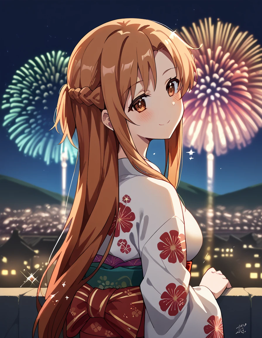 score_9, score_8_up, score_7_up, source_anime, <lora:asuna-yuuki-s1-ponyxl-lora-nochekaiser:1>, asuna yuuki, long hair, brown hair, brown eyes, medium breasts,, <lora:aerial-fireworks-ponyxl-lora-nochekaiser:1>, aerial fireworks, blurry background, blush, smile, fireworks, from behind, looking at viewer, looking back, night, night sky, outdoors, sparkle,, japanese clothes, kimono, new year, obi, obiage, obijime, sash, wide sleeves, floral print, <lora:shaft-look-ponyxl-lora-nochekaiser:1>, shaft look, looking back, from behind, head tilt,, cowboy shot, solo, cityscape, mountainous horizon, night, outdoors,