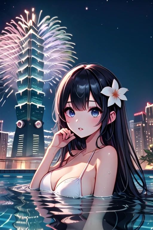 ((rooftop pool)), ((aerial fireworks)), taipei_101, skyscraper, 1girl, parted lips, slim figure, bikini, hair flower, partially submerged in water, swimming, city, sky, cityscape, skyline, horizon, night, night sky, city lights, scenery, outdoors, from below, <lora:girllikerooftoppool:0.9>