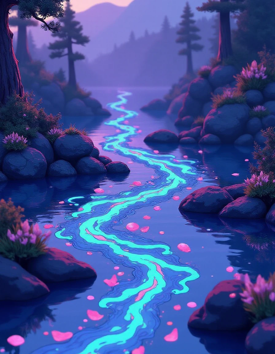 magical water  down a lake in the style of liquid neon <lora:liquid-neon:1>