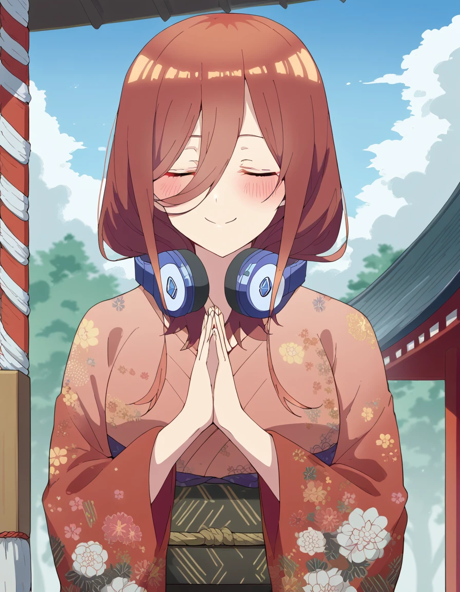 score_9, score_8_up, score_7_up, source_anime, <lora:miku-nakano-s2-ponyxl-lora-nochekaiser:1>, miku nakano, long hair, bangs, brown hair, headphones, headphones around neck, large breasts,, <lora:shrine-praying-ponyxl-lora-nochekaiser:1>, praying, japanese clothes, kimono, new year, obi, obiage, obijime, own hands clasped, own hands together, sash, shrine, wide sleeves, closed eyes, floral print,, blue sky, box, donation box, rope, shimenawa, shrine, tress ribbon, wind chime, smile, blush,, cowboy shot, solo