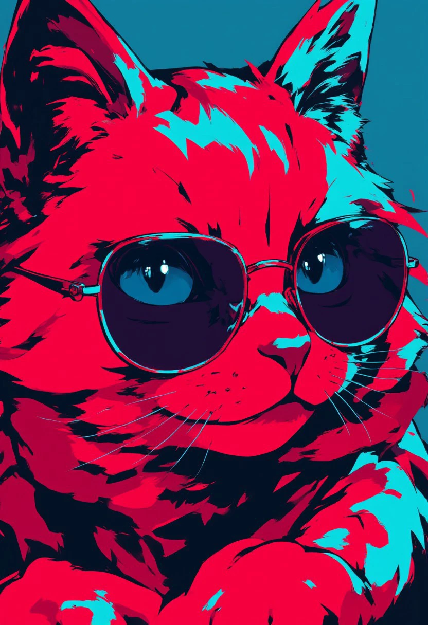 high contrast neon anime style in red and teal, cat with sunglasses, HCANstyle