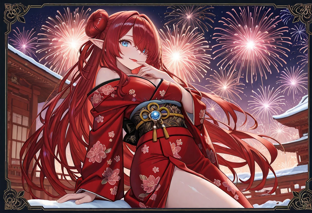 "anime girl, 1 person, red hair, shoulder length hair, dark red eyes, wearing flower hairpin, female kimono, red kimono with gold border pattern, big breasts, long stockings, blushing smile, standing still  cross-legged, solo, view from different angles, festival, New Year's Eve fireworks, fireworks viewing, night (full HD 4K+ image)"