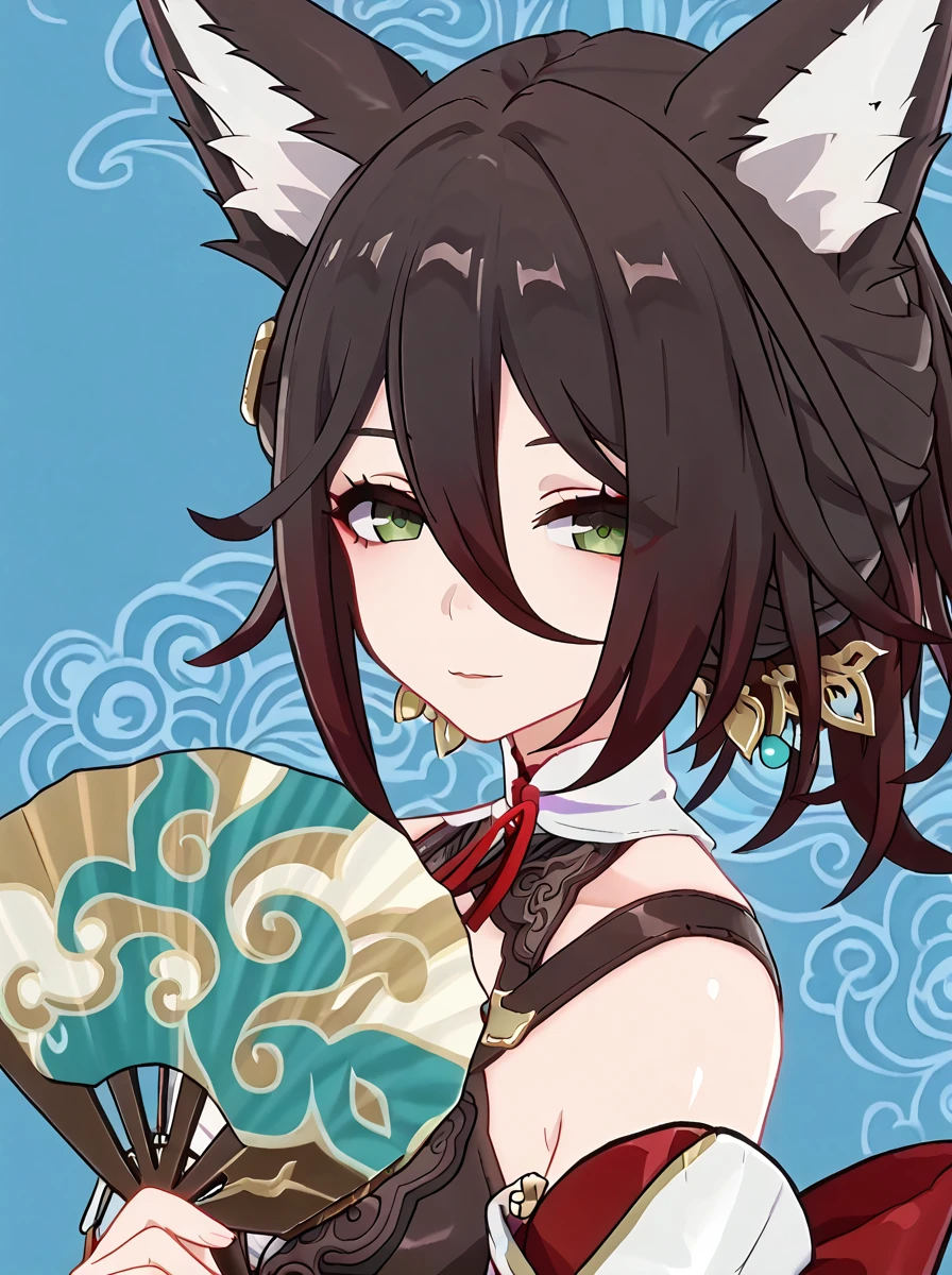 detailed background, shiny skin, posing, rating safe,
<lora:fugue.pony:1>,
tingyun,
half-closed eyes, high angle, looking at viewer,
close up, paper fan,