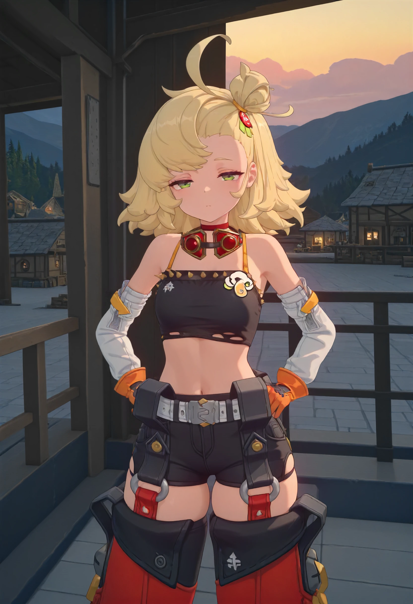 masterpiece, best quality, amazing quality, very aesthetic, absurdres, newest, scenery, volumetric lighting, perfect eyes, ultra detailed,
1girl, Piper Wheel, solo, blonde hair, ahoge, messy hair, hair bun, green eyes,
black crop top, detached sleeves, shoulder cut, white sleeves, orange gloves, midriff, navel, black shorts, detached pant legs, red pant legs, white sneakers, thighs, belts, goggles around neck,
standing, looking at viewer, hands on hips, half-closed eyes
village, detailed background, backlighting,
<lora:Piper_Wheel_-_Zenless_Zone_Zero_ZZZ__Illustrious:1>
masterpiece, best quality, amazing quality, very aesthetic, absurdres, newest, scenery, volumetric lighting, perfect eyes, ultra detailed,