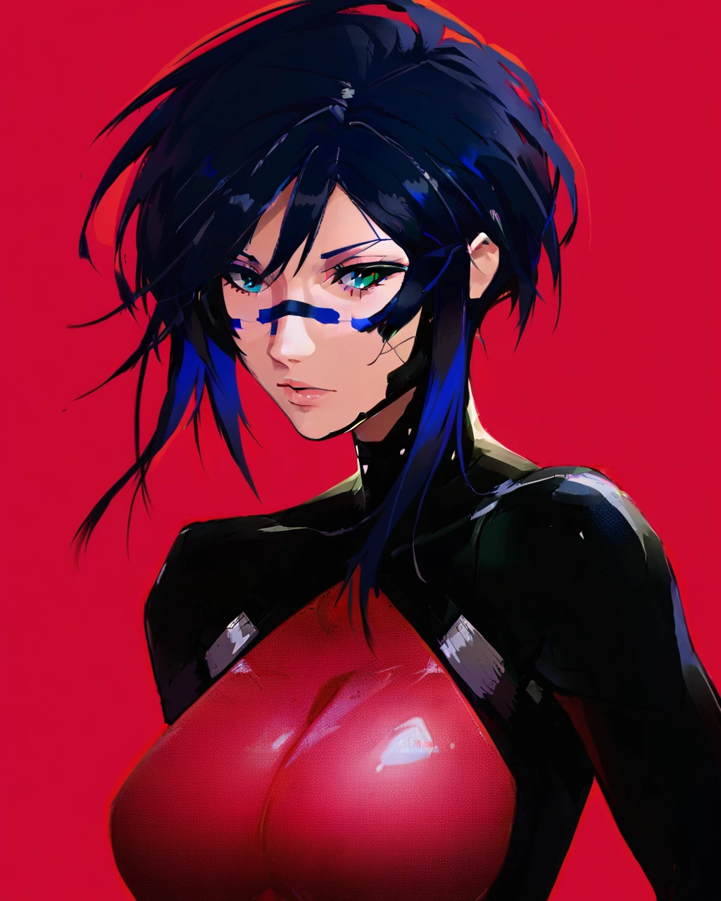 score_9, score_8_up, score_7_up, zPDXL, Nemstyle, 1girl, solo, breasts, short hair, bangs, blue eyes, large breasts, simple background, black hair, blue hair, upper body, looking to the side, bodysuit, red background, science fiction, cyberpunk<lora:Nem_StylePNY:1>