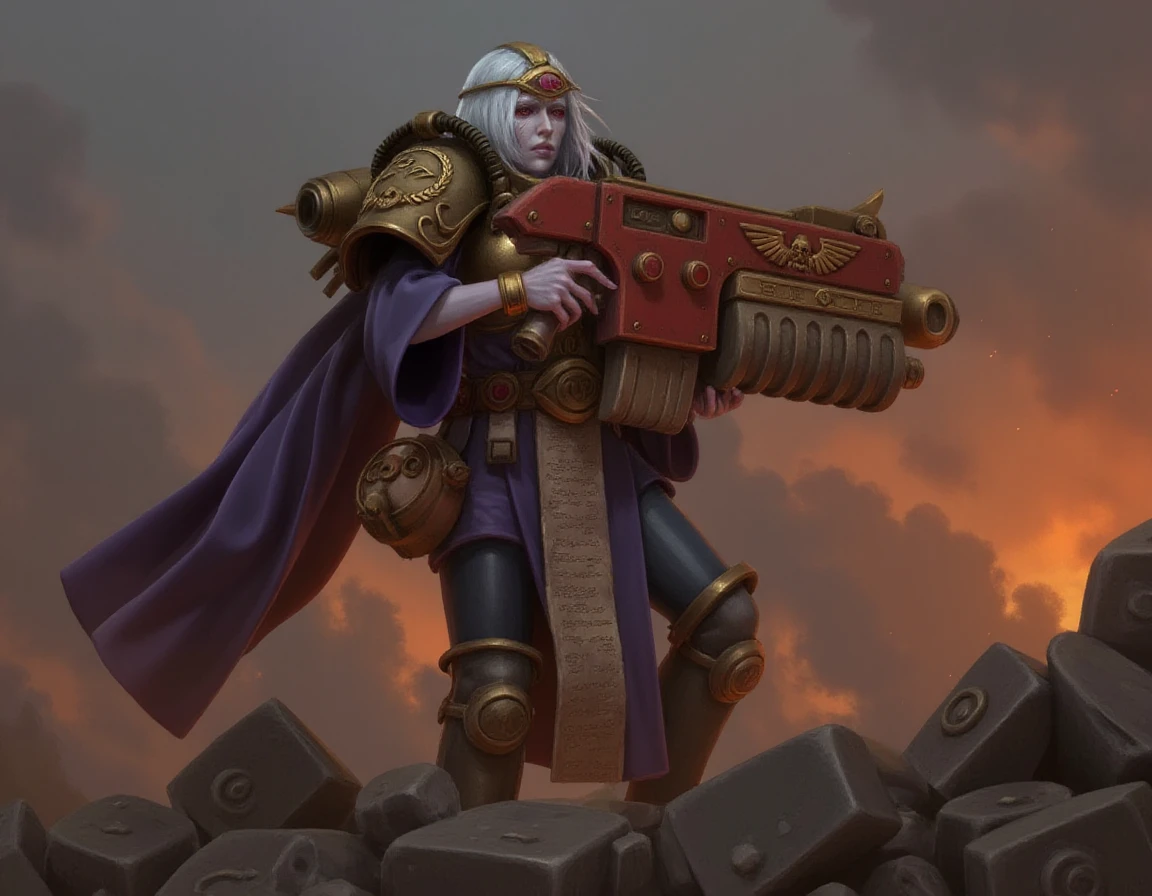 a angry rtcassia woman is holding and firing an small pistal with one hand while hold a staff on the other hand, as she stands on top of a pile of rubble in ther burning ruins of a city, the gun is painted rusty red with brushed metal and leather mad-gdwn-bltr
<lora:rtcassia_dev2pro-000005:1> <lora:Bolter_Godwyn_FLUX:1> <lora:40k-city-streets-better:0.2> 40k-city-streets-better