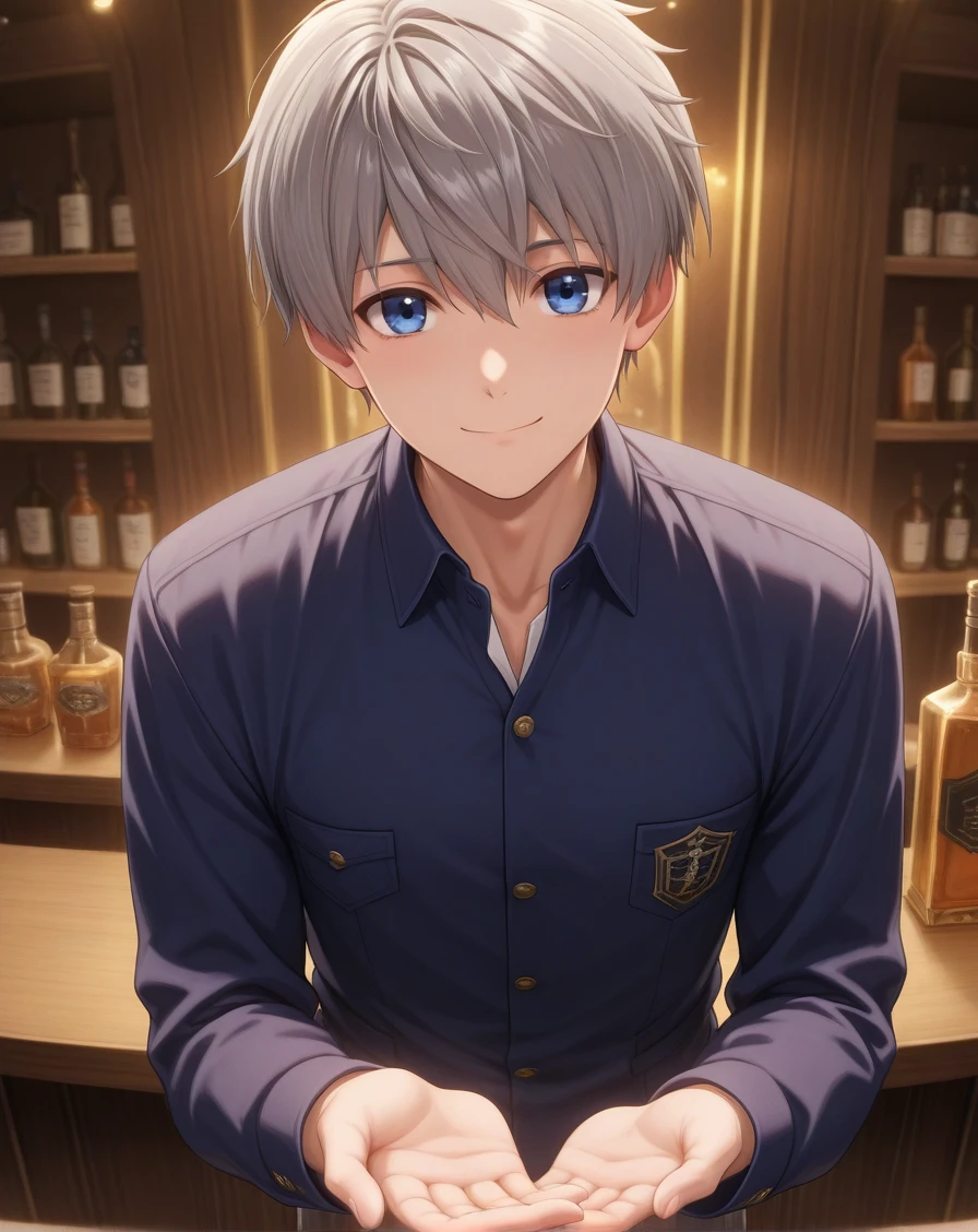 masterpiece, best quality, absurdres, very aesthetic,
1boy, solo, yaoi, male focus, straight-on, anime screencap, 
looking at viewer, cowboy shot, standing, offering hand, smile, 
<lora:Xavier_LnDS:1> xavierlnds, grey hair, blue eyes, short hair,
indoors, bar,