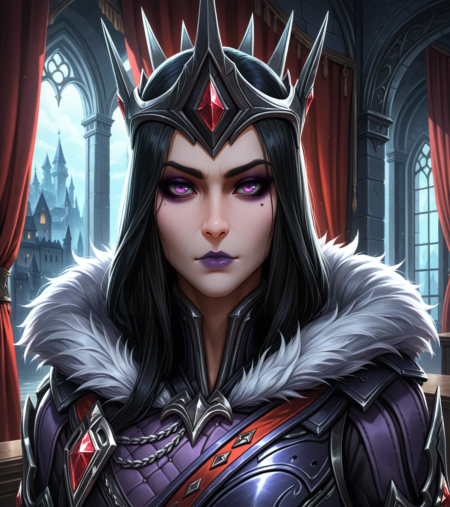 portrait, upper body, facial focus, masterpiece, best quality, morglesmite,
solo, long hair, black hair, purple eyeshadow, eyeliner, purple eyes, purple lips, mole under eye,
armor, fur trim, crown,
looking at viewer, closed mouth,
indoors, castle, european architecture, furniture, window, curtains,
<lora:Morgan Le Fey Smite Noobeps1_1_epoch_9:0.8>