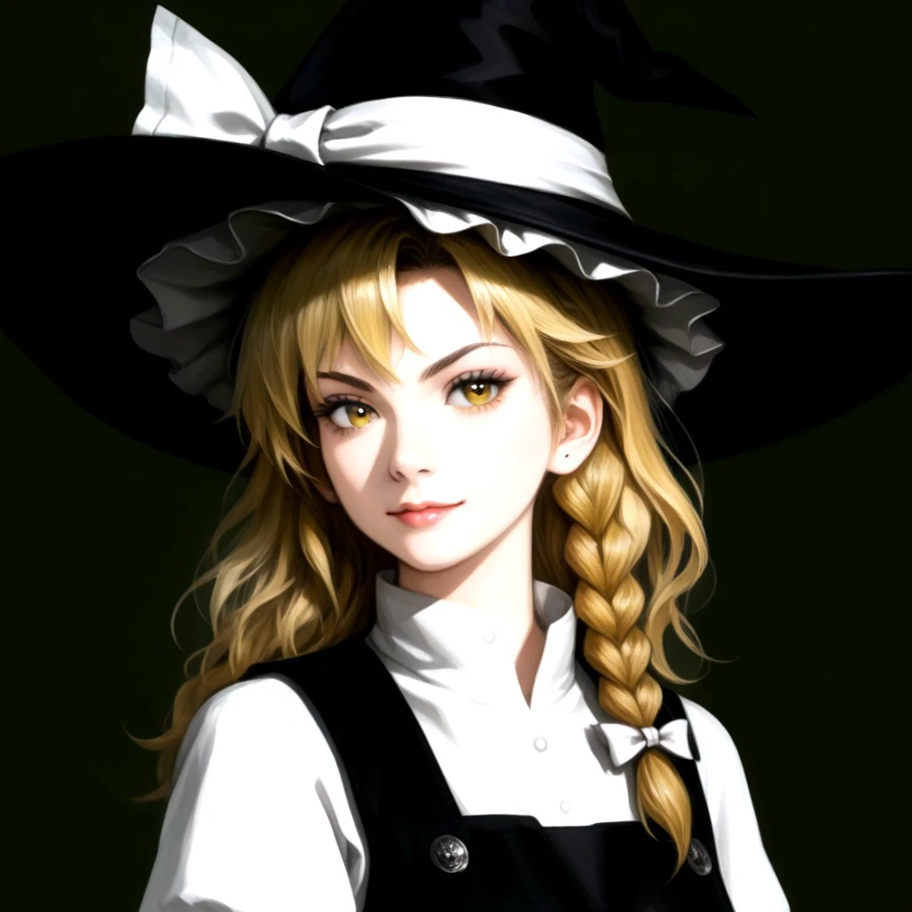 ((RTKXI style)), (145), ((portrait)), ((painted)), ((realistic)), simple background, upper body, 1girl, solo, looking at viewer, ((kirisame marisa)), (blonde hair), braid, (long hair), single braid, hair bow, (yellow eyes), bow, hat, witch hat, hat bow, shirt, apron, white bow, black hat, vest, white shirt, black vest, black skirt