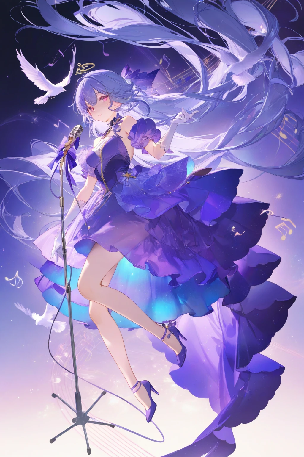 very aesthetic,high definition,masterpiece,illustratio,best quality,[artist:kedama milk],artist:ask(askzy),[artist:WANKE],artist:miji_black,artist:ciloranko,pastel xl,<lora:pastel xl:0.8>, -pastel xl, 1girl, long hair, solo, dress, holding, high heels, gloves, very long hair, bird, blue hair, looking at viewer, purple theme, full body, bare shoulders, purple dress, floating hair, purple footwear, musical note, breasts, white gloves, microphone, holding microphone stand