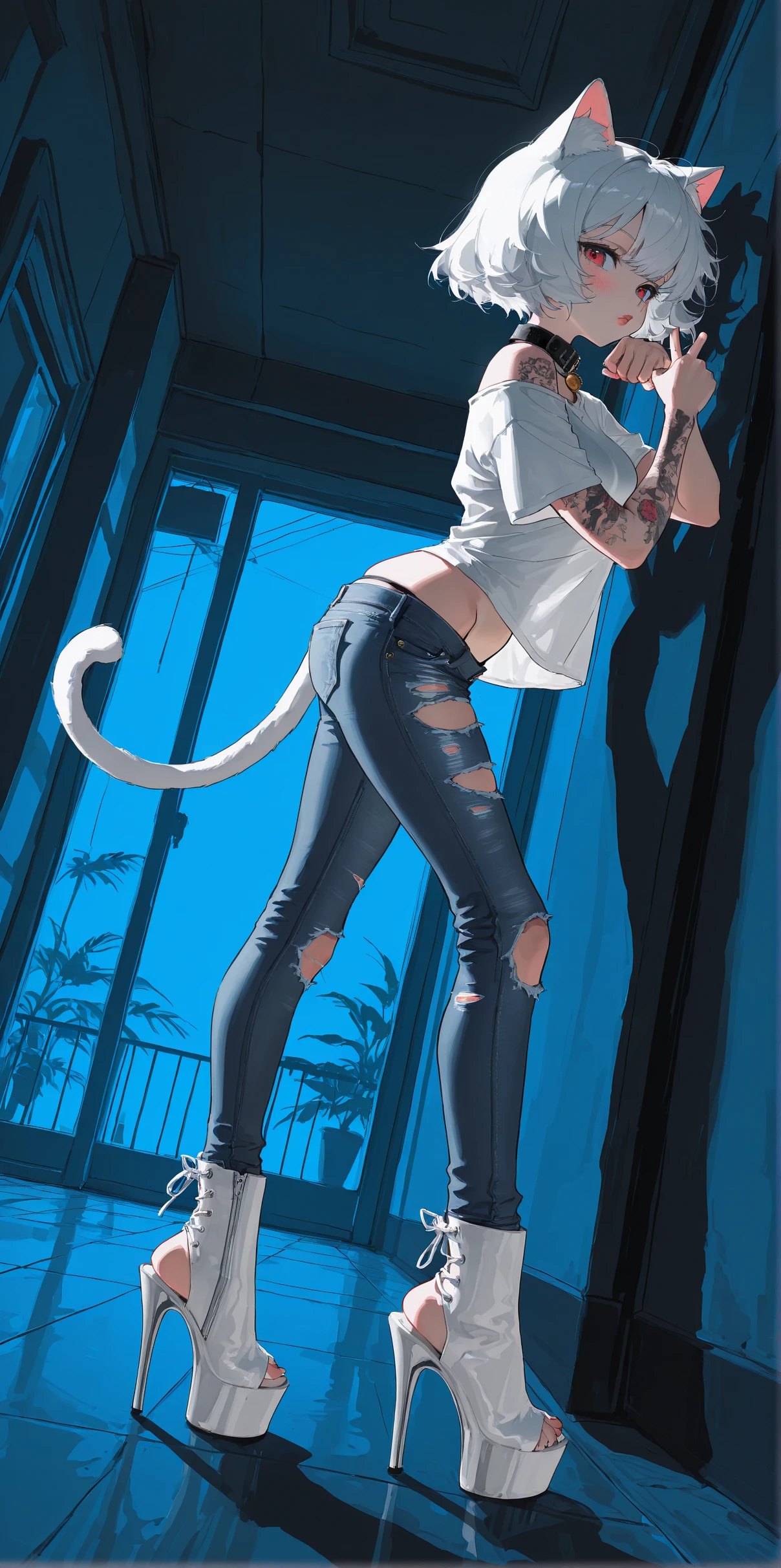 masterpiece, best quality, amazing quality, very aesthetic, high resolution, ultra-detailed, absurdres, newest, scenery, rim light, backlit, dramatic shadow, volumetric lighting, ray tracing,
by orniflop,
dutch angle, from side, (low angle:1.2), foot focus, ,
1girl, 
cat girl, cat ears, cat tail, collar,
sexy pose, v, contrapposto,
looking at viewer, seductive, blush, thick lips,
medium breasts, narrow waist, petite,
short hair, white hair,
torn jeans, (lowleg:1.1), groin,
loose shirt, torn shirt, white shirt, off shoulder, short sleeves,
arm tattoo,
(ad0re heels), platform footwear, white footwear, toes,
indoors, bar, dark theme, blue theme, night, dramatic lighting,