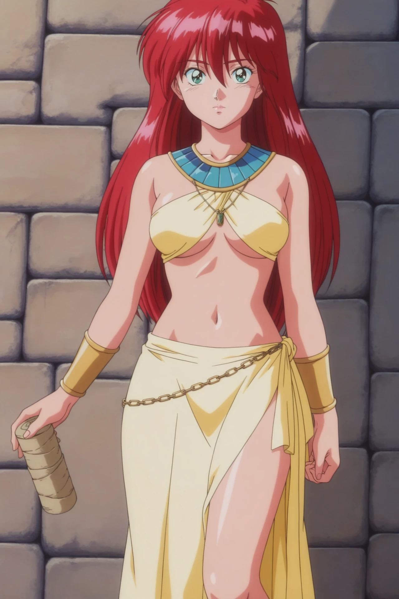 Masterpiece,kousaka honoka, blue eyes, orange hair,beautiful , looking away,arrogant,(one hand on hip one hand on hair),thighs, ,navel,midriff,cleavage,(golden exposing Egyptian dress), tiara,in Egyptian desert