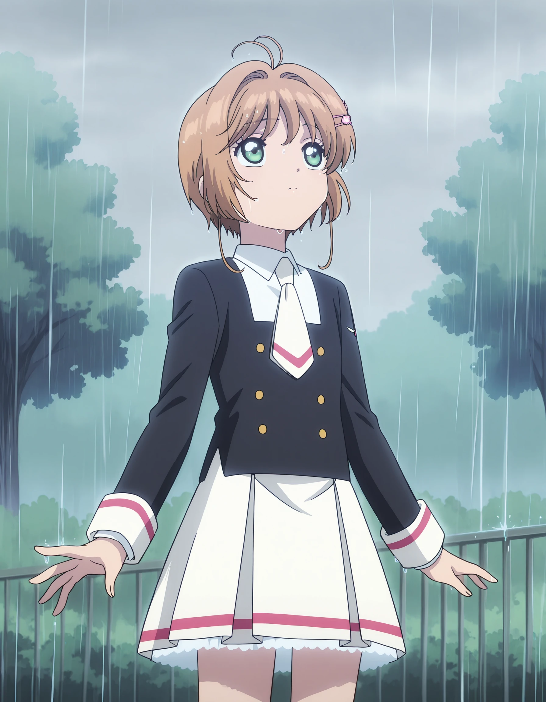 anime screencap, anime coloring, detailed face, safe for work, cute image,
outdoors, rain is pouring down,
 <lora:Sakura_Kinomoto_Cardcaptor_Sakura_Clear_Card:.8>
Sakura Kinomoto (character), 1girl, rain, kinomoto sakura, school uniform, green eyes, brown hair, solo, skirt, short hair, hair ornament, necktie, white skirt, standing, short necktie, long sleeves, pleated skirt, white necktie, wet hair, girl is looking up, arms stretched out