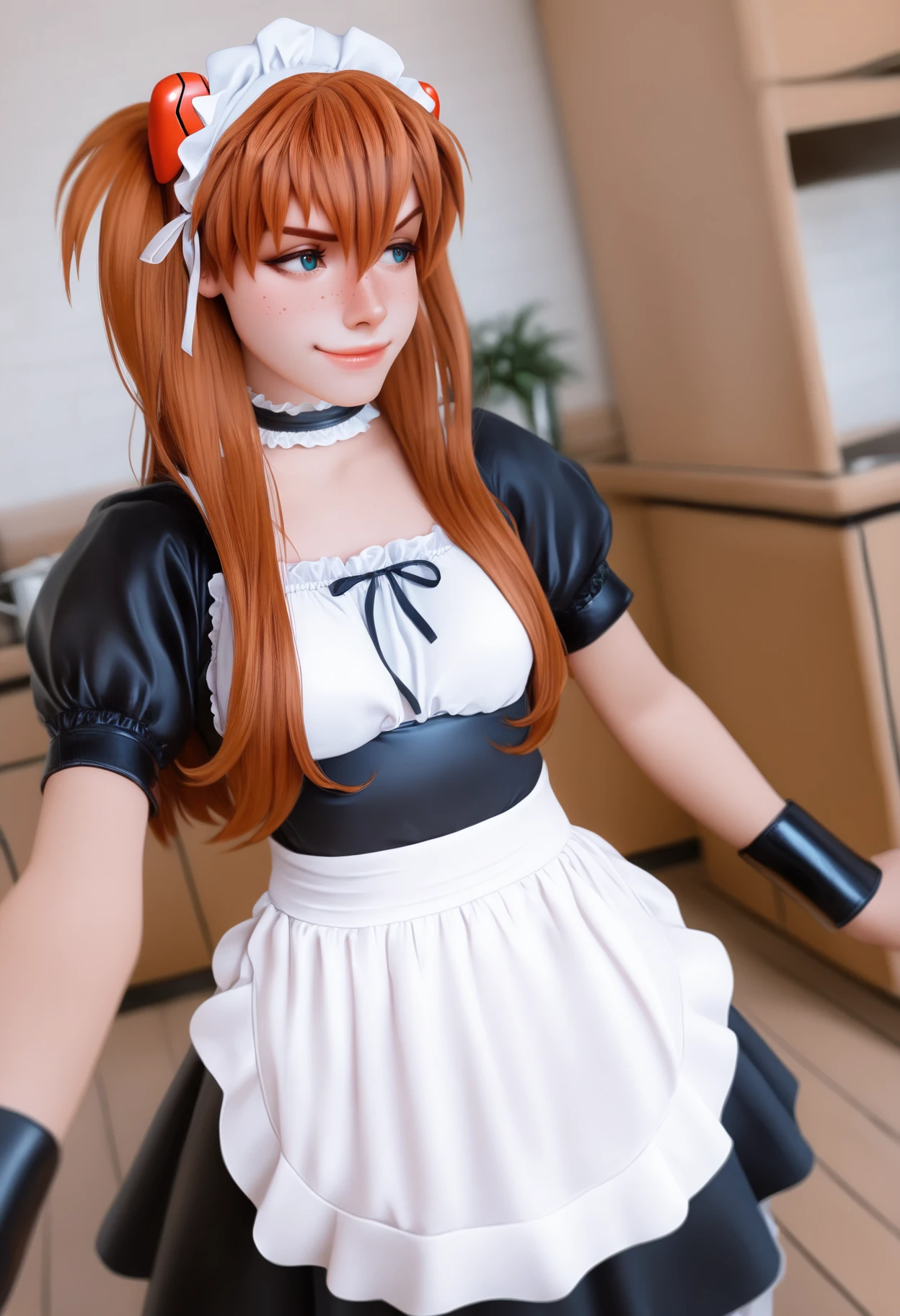 masterpiece, best quality, very aesthetic, absurdres,
1girl, shirogane, souryuu asuka langley, brown hair, long hair, bangs, freckles, blue eyes,
apron, choker, black dress, maid, maid headdress, puffy short sleeves, wrist cuffs,
smile, indoors, kitche,  <lora:ShiroganeNoobXL_byKonan:1>