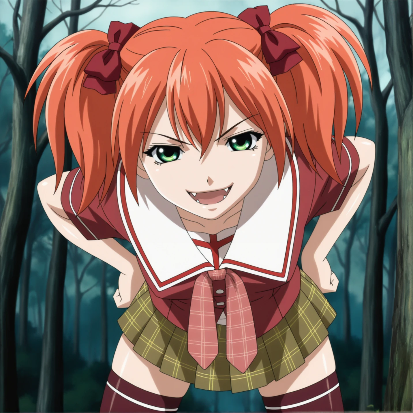 masterpiece, best quality, amazing quality, very aesthetic, absurdres, shuzen_kokoa, 1girl, solo, serafuku, hair bow, green eyes, plaid skirt, thighhighs, smug, [fangs],forest, bare tree <lora:kokoa_v1:0.95>