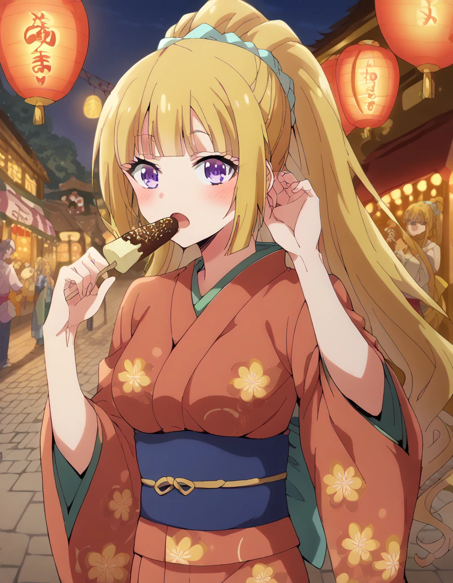 score_9, score_8_up, score_7_up, source_anime, <lora:kei-karuizawa-anime-s2-ponyxl-lora-nochekaiser:1>, kei karuizawa, long hair, bangs, blunt bangs, purple eyes, blonde hair, hair ornament, ponytail, scrunchie, blue scrunchie, medium breasts,, <lora:chocolate-banana-ponyxl-lora-nochekaiser:1>, chocolate banana, open mouth, holding, holding food, blush,, japanese clothes, kimono, new year, obi, obiage, obijime, sash, wide sleeves, floral print, <lora:tucking-hair-ponyxl-lora-nochekaiser:1>, tucking hair, adjusting hair, hand on own hair, hair behind ear, hands up, sexually suggestive, looking at viewer,, cowboy shot, solo, cobblestone, festival, lantern, market stall, paper lantern,