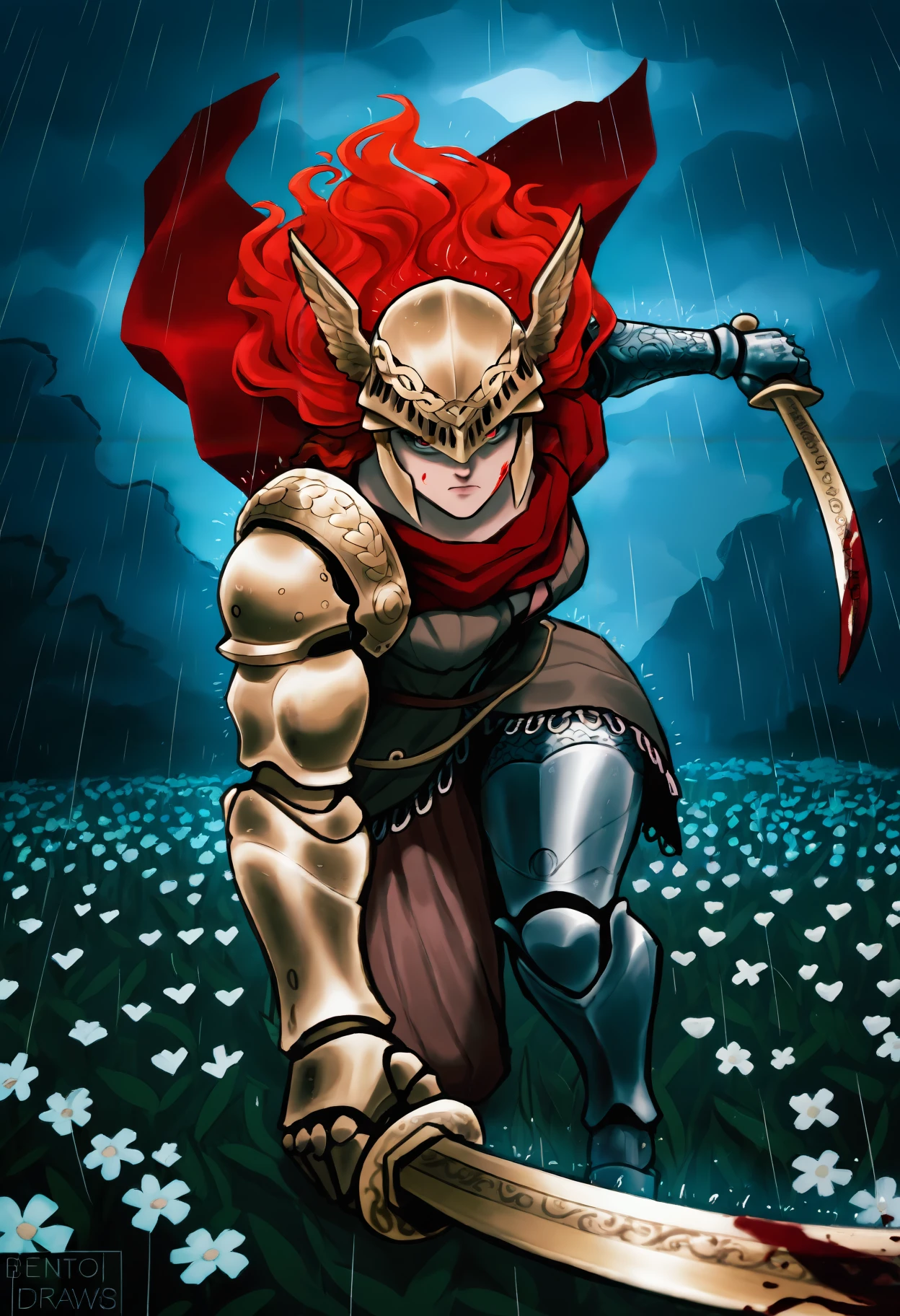 masterpiece, best quality, newest, absurdres, highres, benrawtod, flower field, rain, outdoors, dark, night, closed mouth, looking at viewer, 1girl, solo, malenia blade of miquella, floating hair, red hair, long hair, prosthetic leg, armor, gold armor, winged helmet, armor, red cape, prosthetic arm, single mechanical arm, holding sword, incoming attack, foreshortening, dynamic pose, blood splatter, serious,
<lora:bentodraws Illustrious:1>