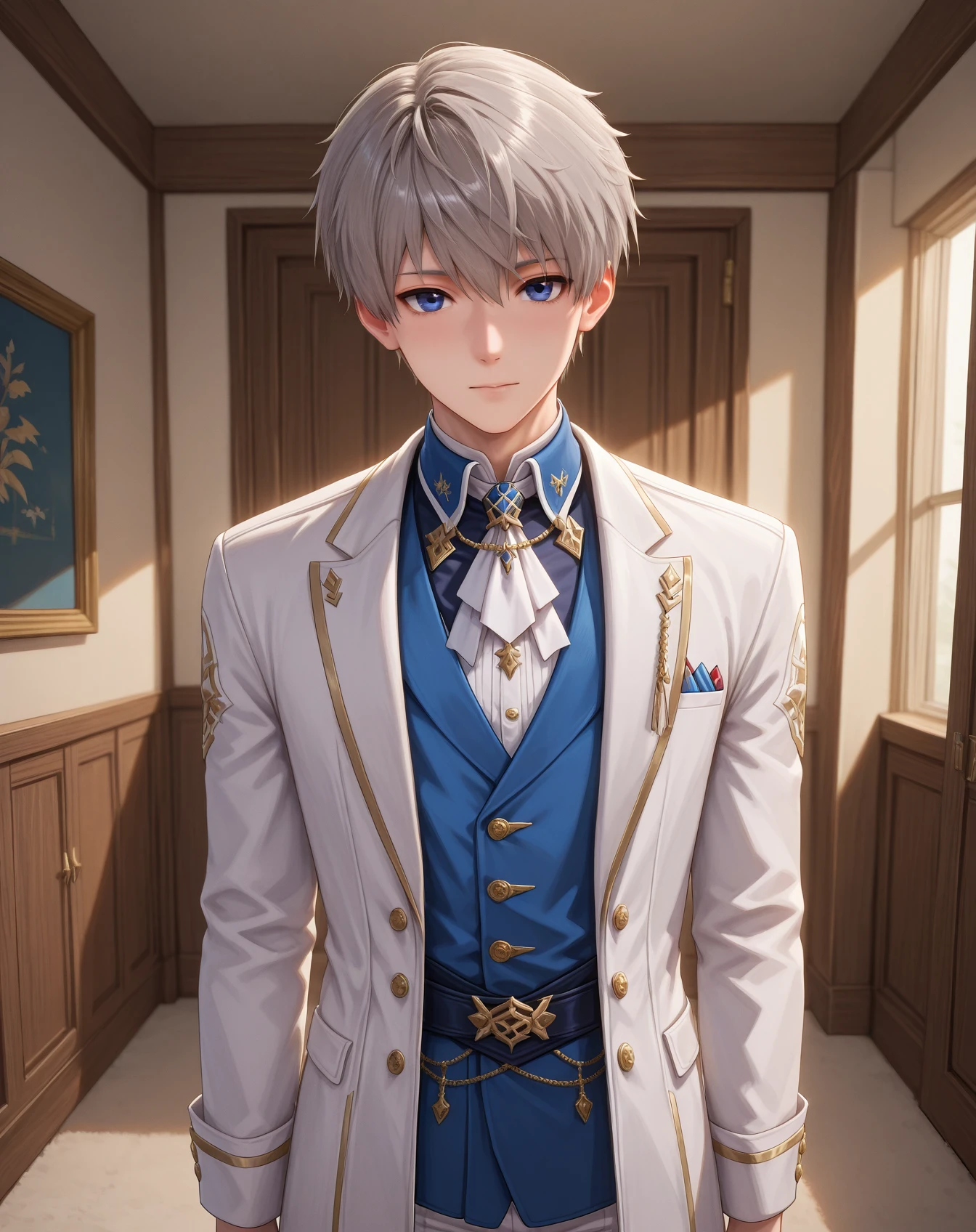 masterpiece, best quality, absurdres, very aesthetic,
1boy, solo, yaoi, male focus,
looking at viewer, cowboy shot, facing viewer, standing, straight-on, arms at sides,
<lora:Xavier_LnDS:1> xavierlnds, grey hair, blue eyes, short hair,
indoors