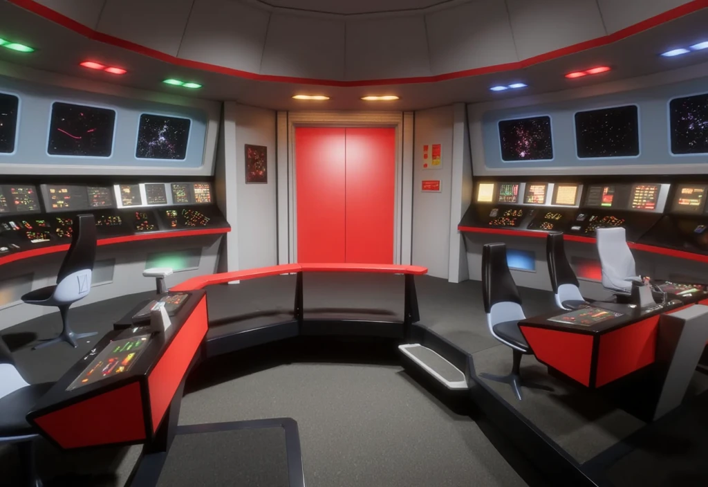 photo realistic, STTOSBridge interior, star ship control room, captain's chair to the middle, red door to the middle, helm and con stations to the right, stations with chairs and controls scattered around the room <lora:STTOSBridge_Flux_v1:1.3>