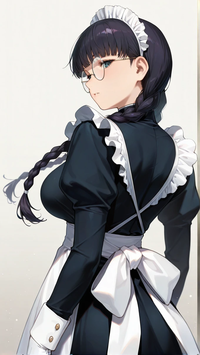 masterpiece,amazing quality,best quality,roberta,1girl,solo,glasses,maid,long hair,maid headdress,apron,looking back,white background,gloves,looking at viewer,long sleeves,simple background,white gloves,from behind,puffy sleeves,dress,round eyewear,twin braids,blunt bangs,black dress,maid apron,black hair,breasts,<lora:roberta_01:1>,