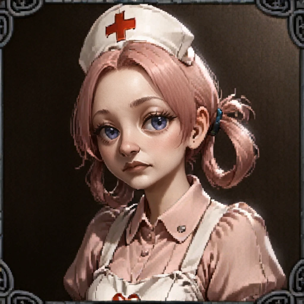 <lora:Illustrious - Dark and Darker Portraits - 2023 - Epoch 8:1.0> dark_and_darker_game_portrait_style, vendor, fantasy portrait, small_border, frame, low_resolution,  medium breasts, pink hair, hair rings, bangs, nurse cap, pink collared dress, puffy short sleeves, white apron, the Nurse