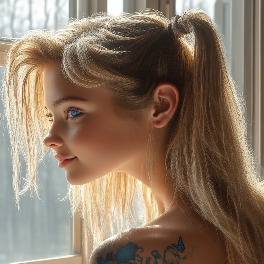 simple background, looking down, tattoo, animal ears, blue eyes, window, 1girl, smile, looking away