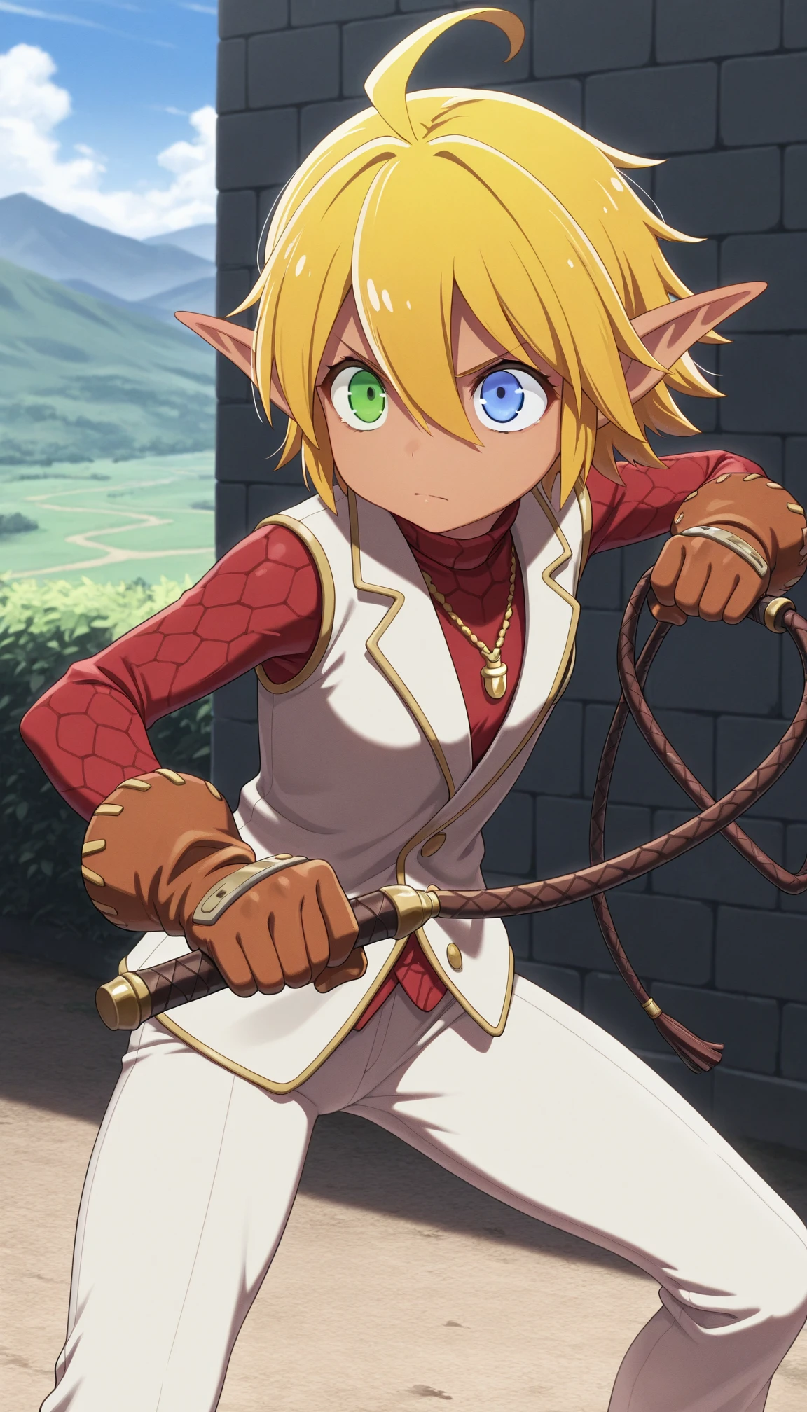 masterpiece,best quality,amazing quality, 1girl, solo, <lora:IlluAura:1> illuaura, dark skin, pointy ears, green eyes, blue eyes, heterochromia, blonde hair, short hair, ahoge, hair between eyes, vest, necklace, jewelry, gloves, outdoors, holding whip, serious, fighting stance, white pants,
