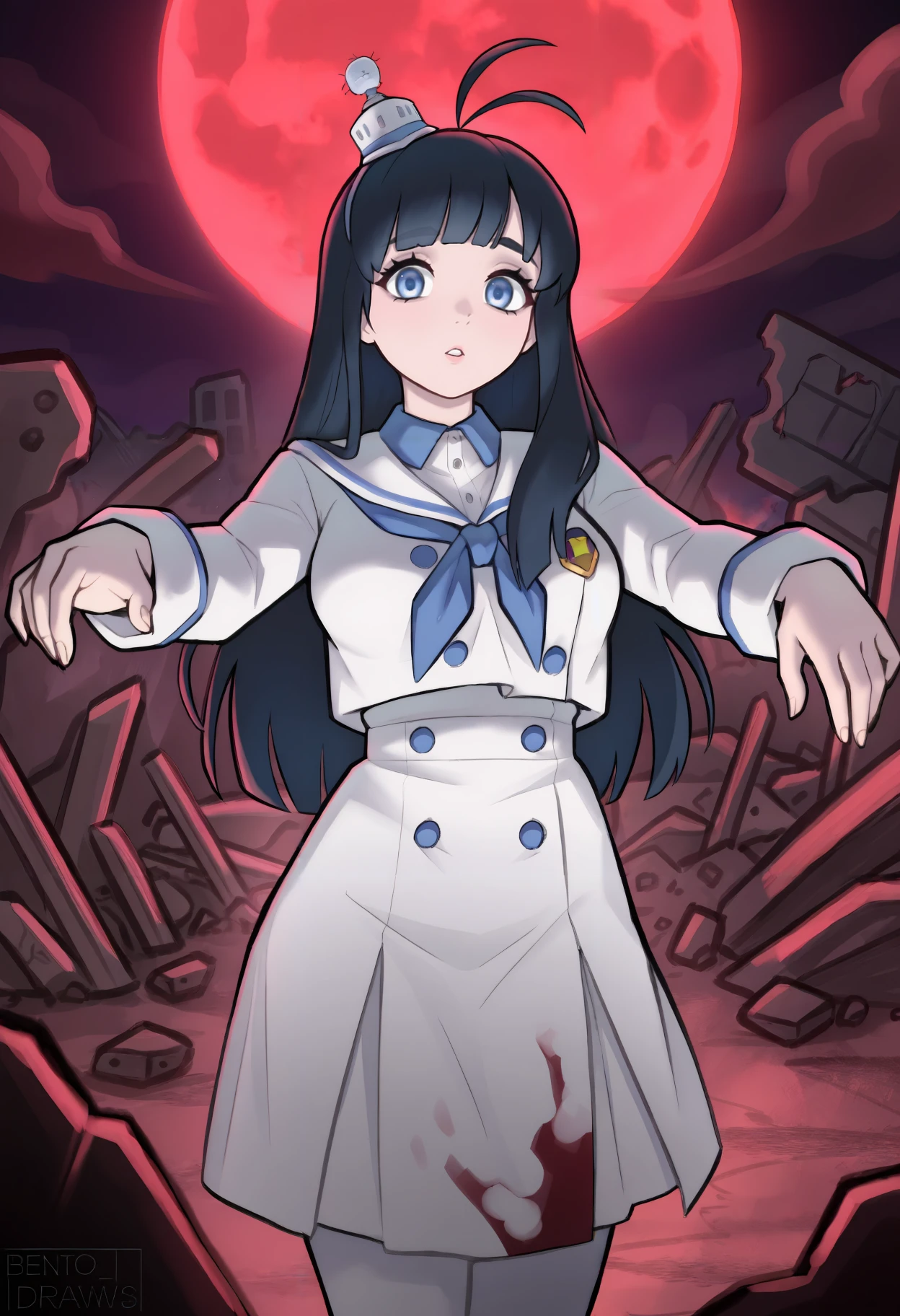 masterpiece, best quality, newest, absurdres, highres, benrawtod, red moon, outdoors, destruction, ruins, smoke, rubble, dark, night, zombie pose, looking at viewer, 1boy, solo, giselle gewelle, blue eyes, eyelashes, black hair, antenna hair, long hair, straight hair, blunt bangs, hair over shoulder, wandenreich uniform, mini hat, wandenreich uniform, blood on clothes,
<lora:bentodraws Illustrious:1>