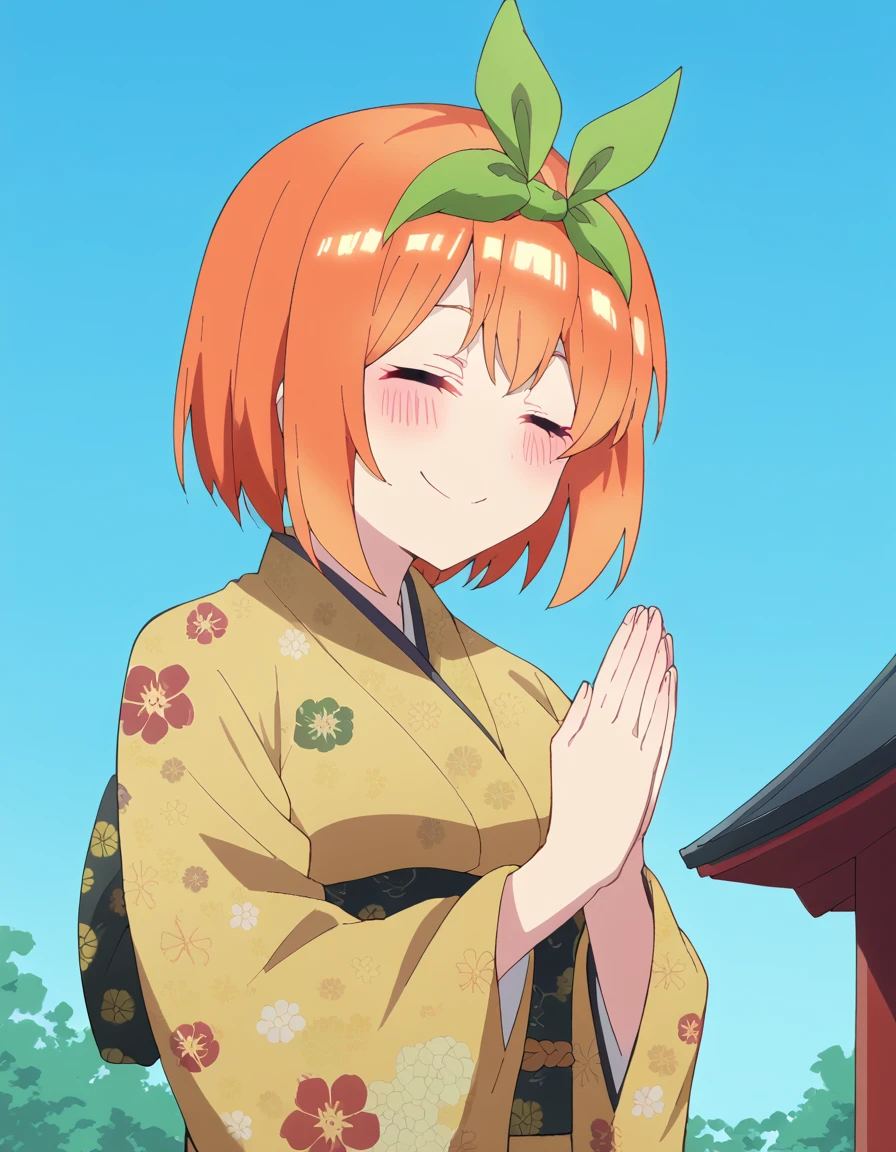 score_9, score_8_up, score_7_up, source_anime, <lora:yotsuba-nakano-s2-ponyxl-lora-nochekaiser:1>, yotsuba nakano, bangs, short hair, hair ribbon, hairband, orange hair, green ribbon, large breasts,, <lora:shrine-praying-ponyxl-lora-nochekaiser:1>, praying, japanese clothes, kimono, new year, obi, obiage, obijime, own hands clasped, own hands together, sash, shrine, wide sleeves, closed eyes, floral print,, blue sky, box, donation box, rope, shimenawa, shrine, tress ribbon, wind chime, smile, blush,, cowboy shot, solo